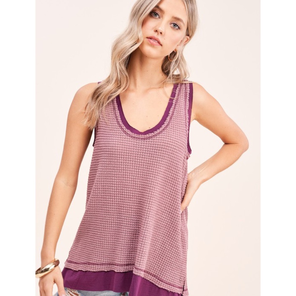 Summer Spring Waffle Knit Top Scoop Neck Layered Tank Soft Casual Tops